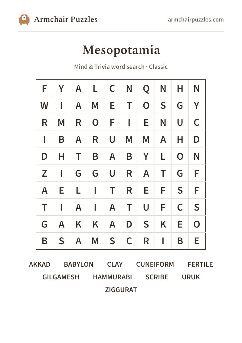 The printable Mesopotamia word search sheet