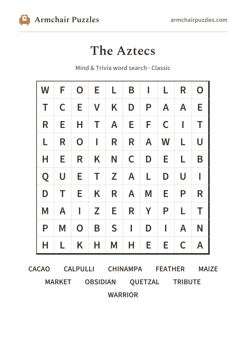 The printable The Aztecs word search sheet: large-print Classic grid with its word list
