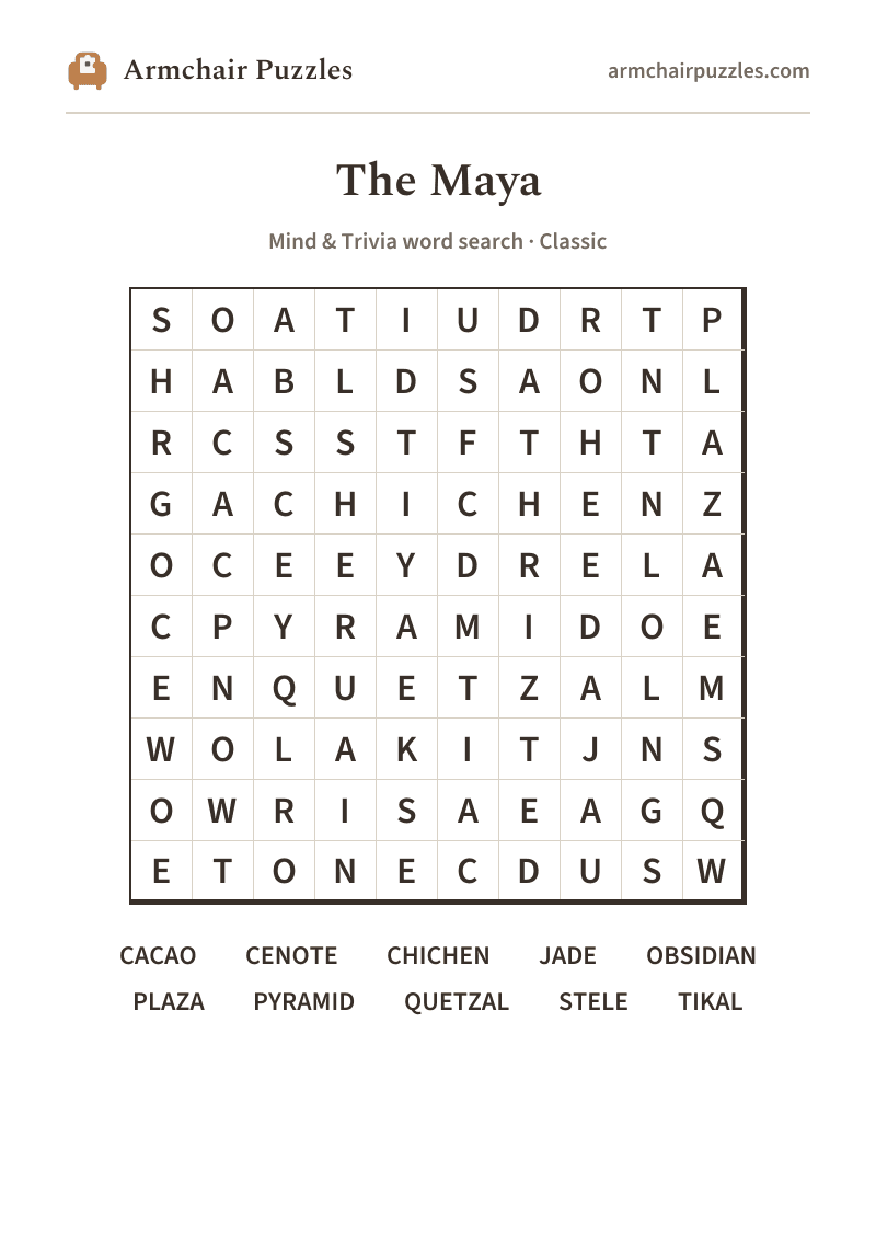 The printable The Maya word search sheet: large-print Classic grid with its word list