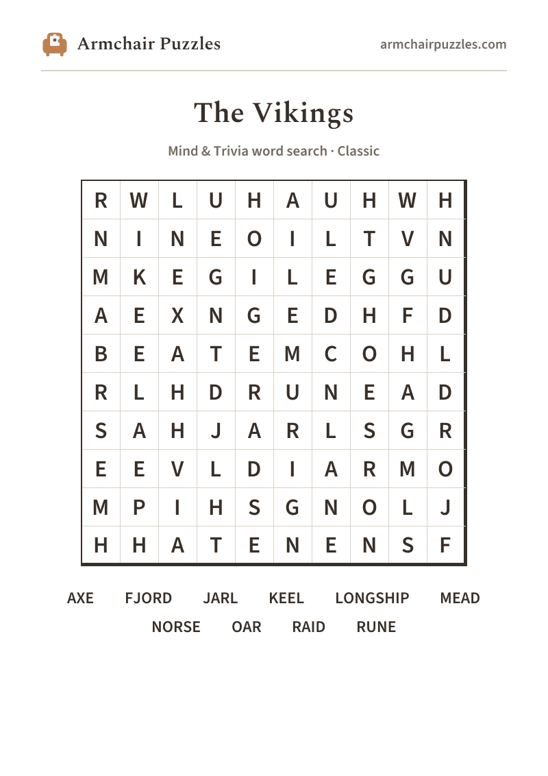 The printable The Vikings word search sheet: large-print Classic grid with its word list