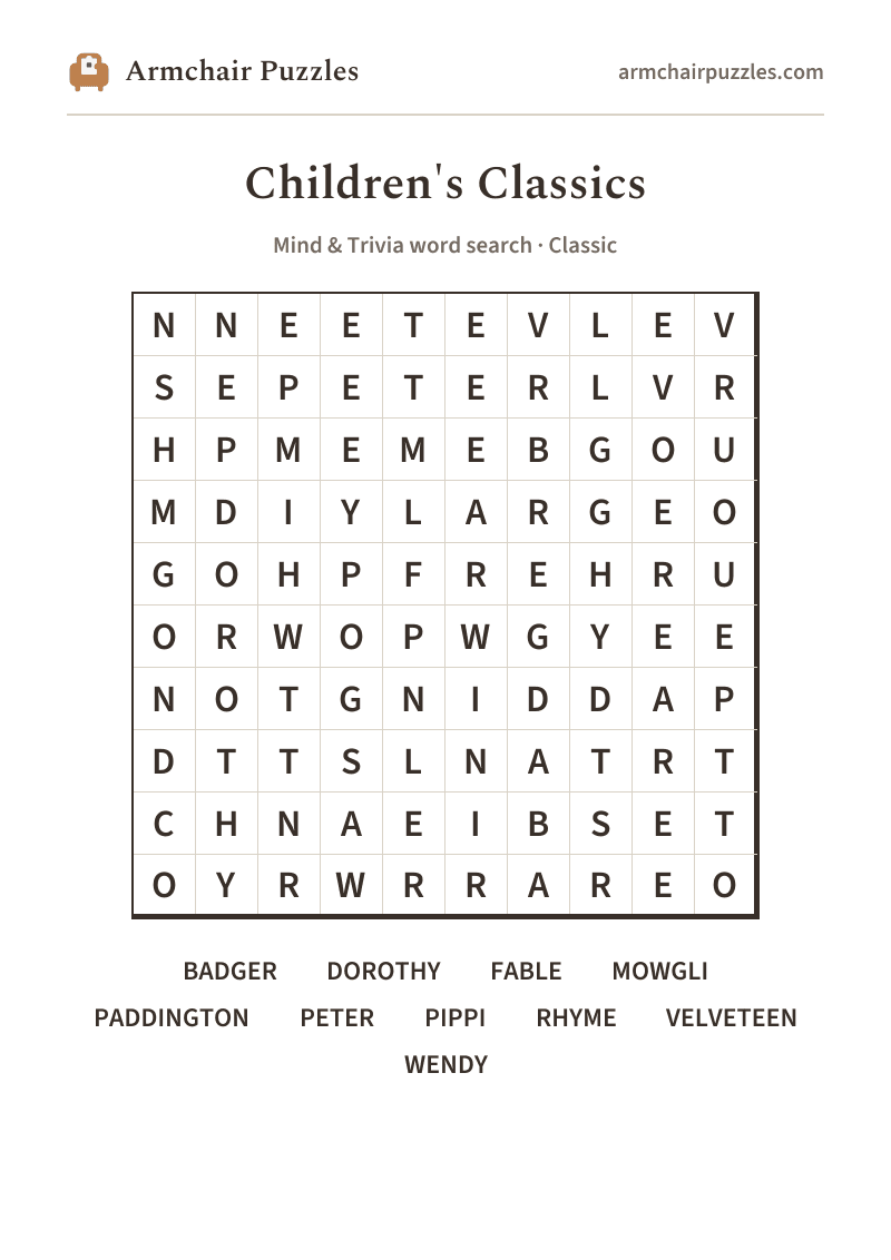 The printable Children's Classics word search sheet