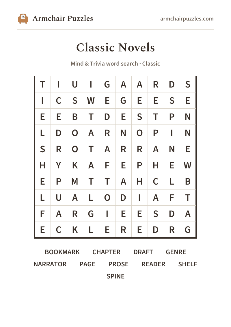 The printable Classic Novels word search sheet in large print