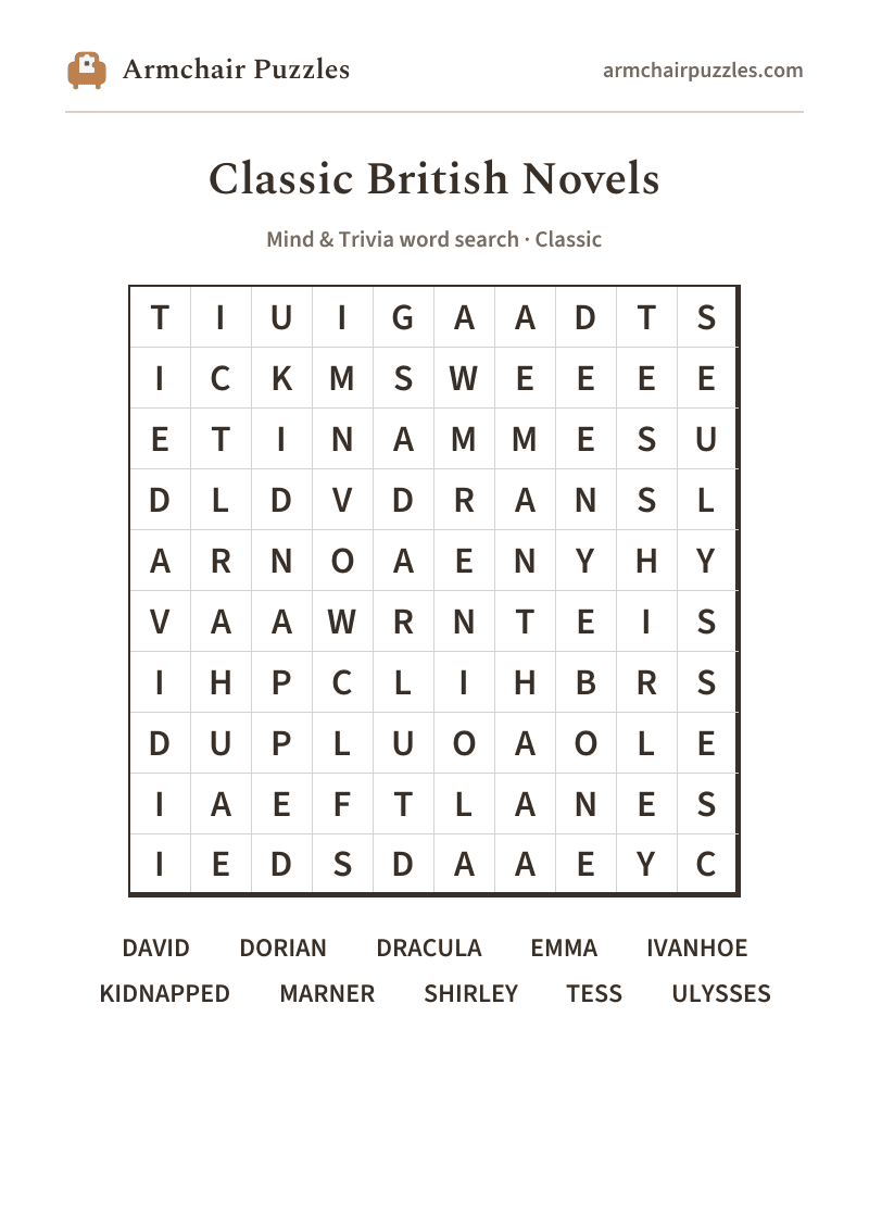 The printable Classic Novels word search sheet