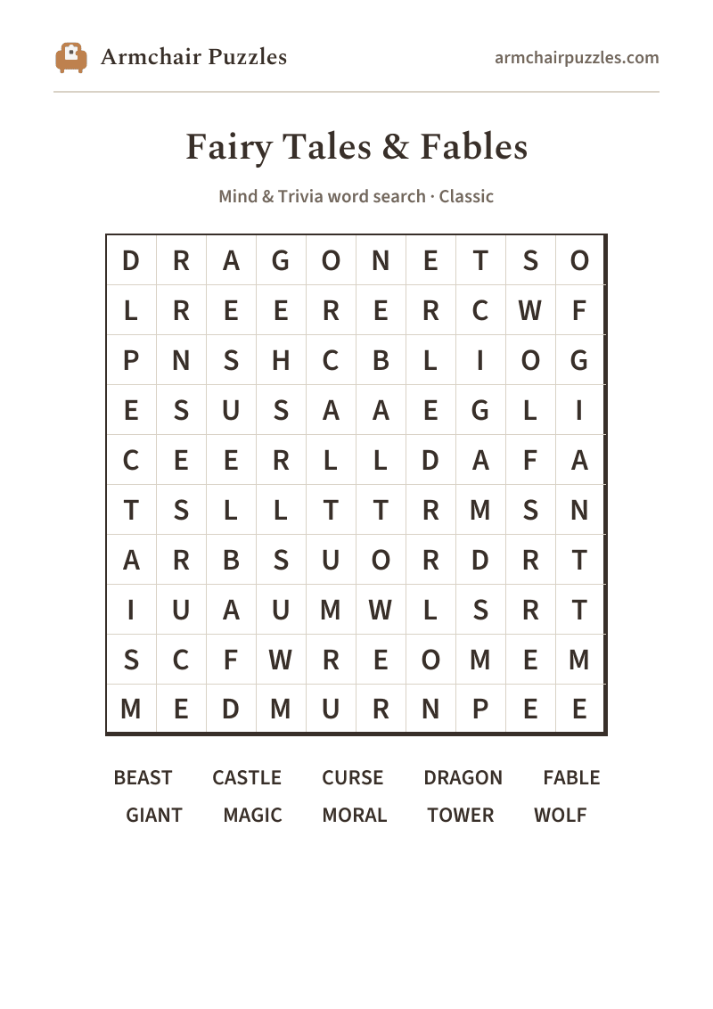 The printable Fairy Tales & Fables word search sheet: large-print Classic grid with its word list