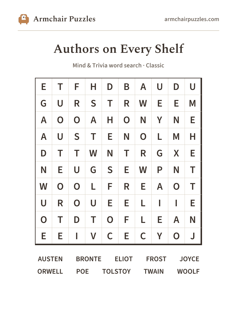 The printable Authors on Every Shelf word search sheet