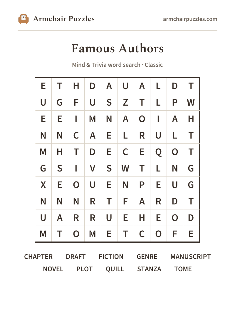 The printable Famous Authors word search sheet