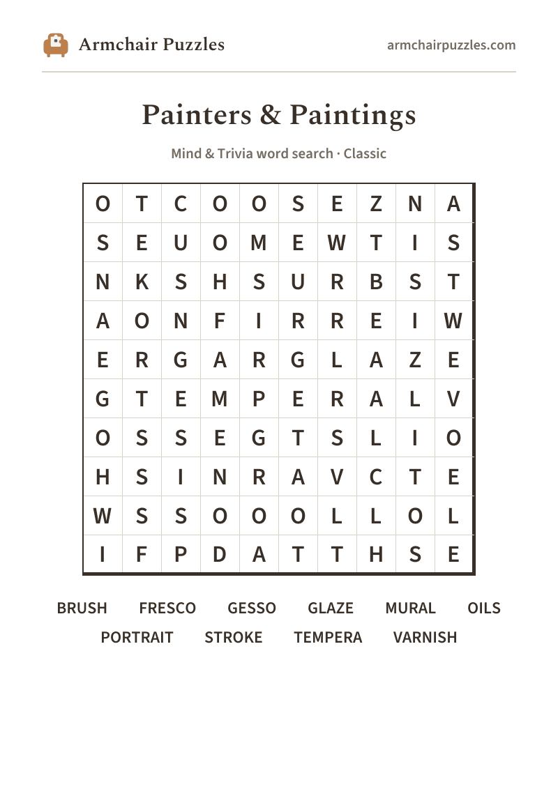 The printable Painters & Paintings word search sheet