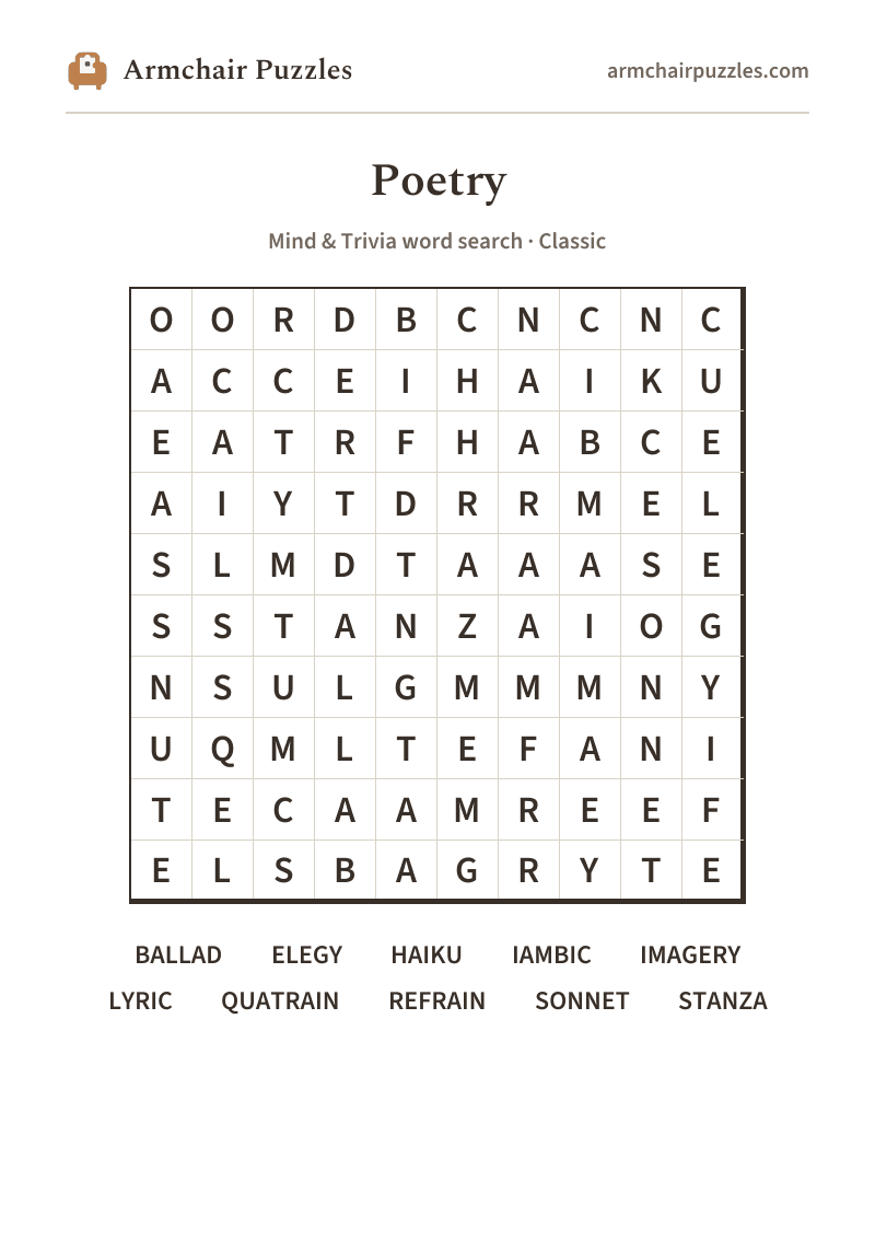 The printable Poetry word search sheet
