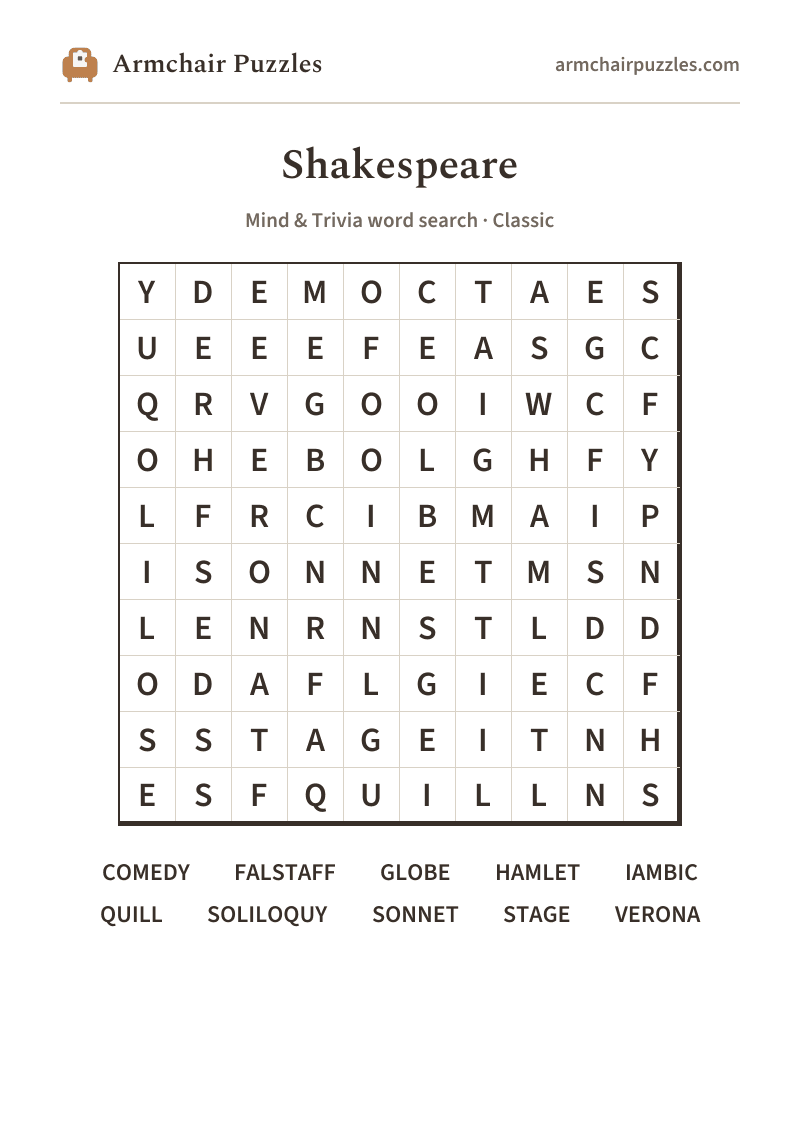 The printable Shakespeare word search sheet