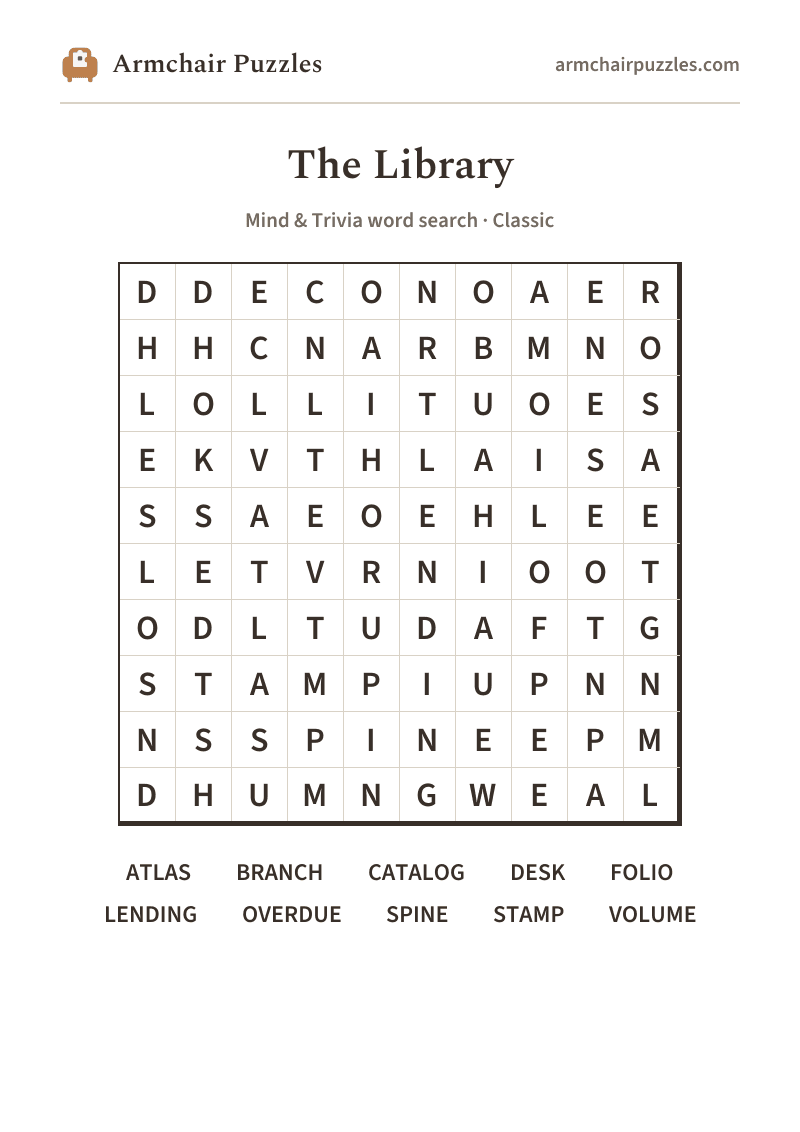 The printable The Library word search sheet