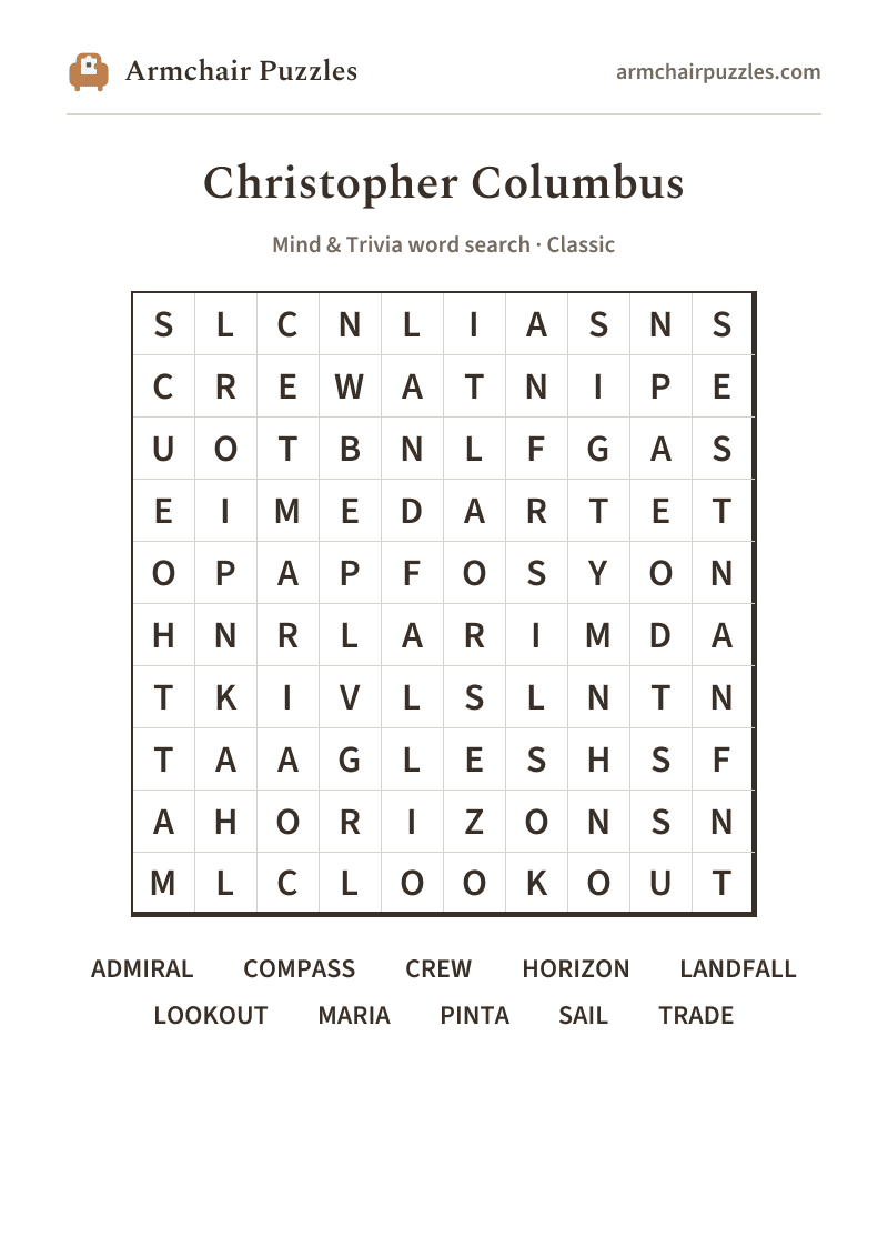 The printable Christopher Columbus word search sheet: large-print Classic grid with its word list