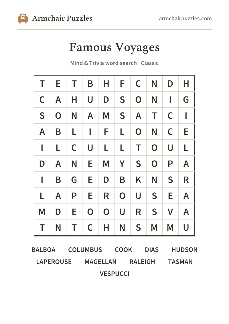 The printable Famous Voyages word search sheet: large-print Classic grid with its word list