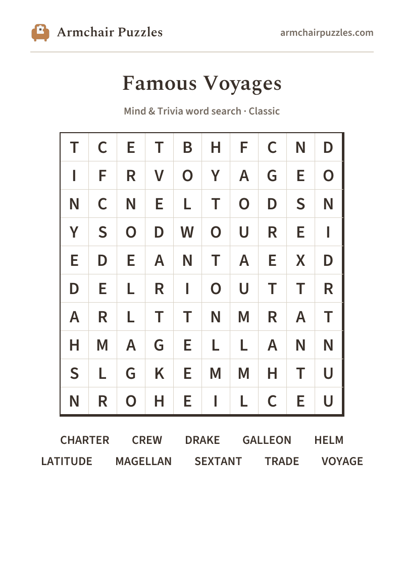 The printable Famous Voyages word search sheet