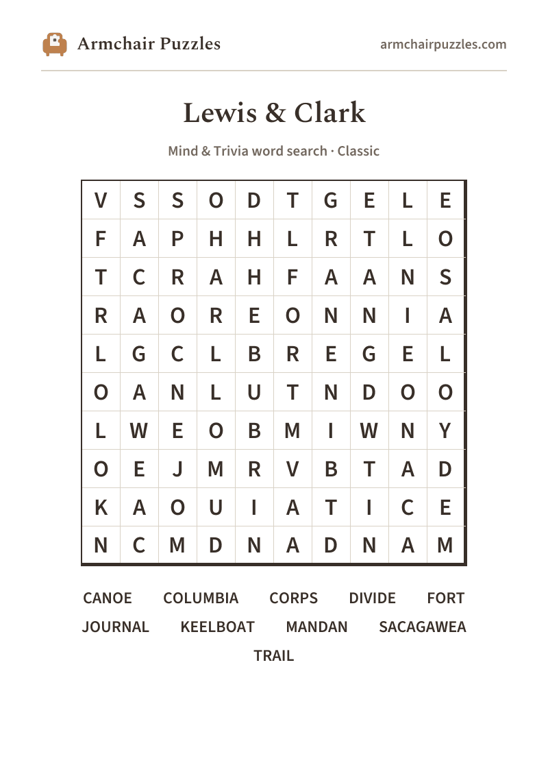The printable Lewis & Clark word search sheet: large-print Classic grid with its word list