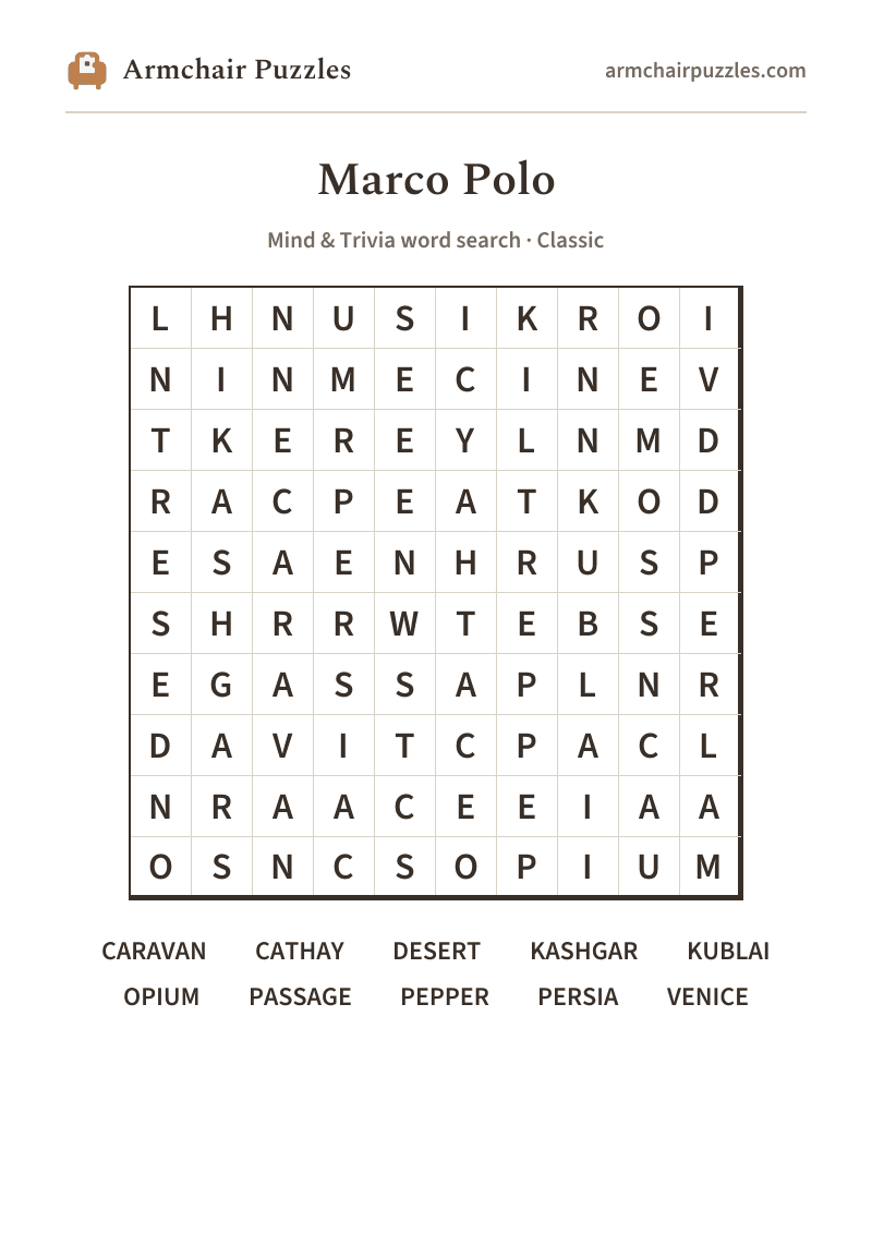 The printable Marco Polo word search sheet: large-print Classic grid with its word list