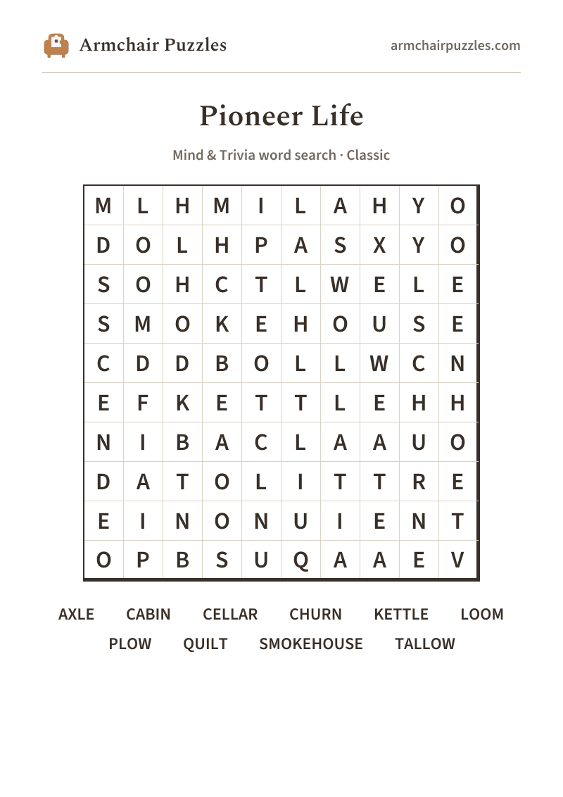 The printable Pioneer Life word search sheet in large print
