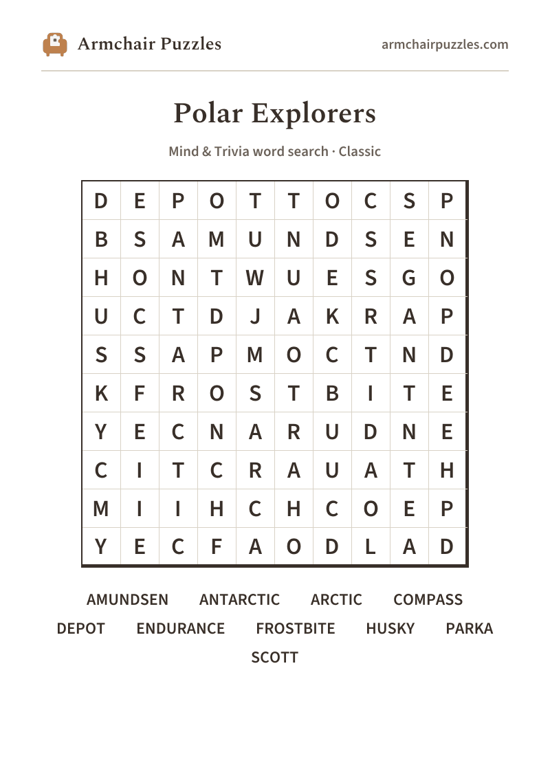 The printable Polar Explorers word search sheet: large-print Classic grid with its word list