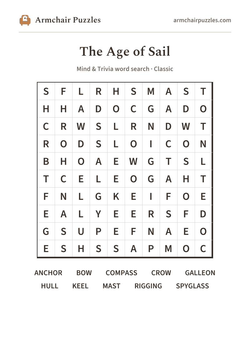 The printable The Age of Sail word search sheet: large-print Classic grid with its word list