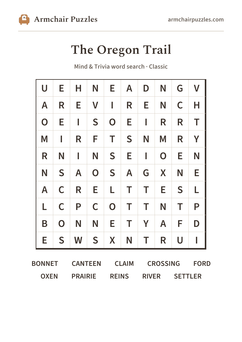 The printable The Oregon Trail word search sheet