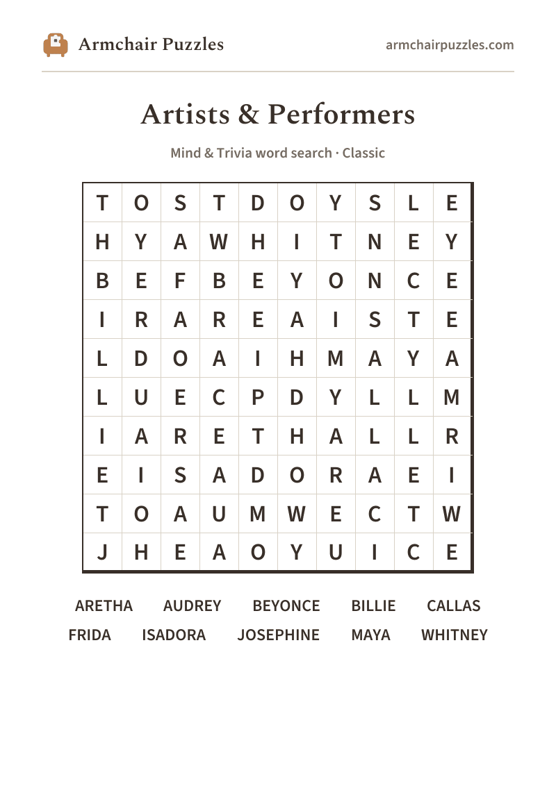The printable Artists & Performers word search sheet: large-print Classic grid with its word list