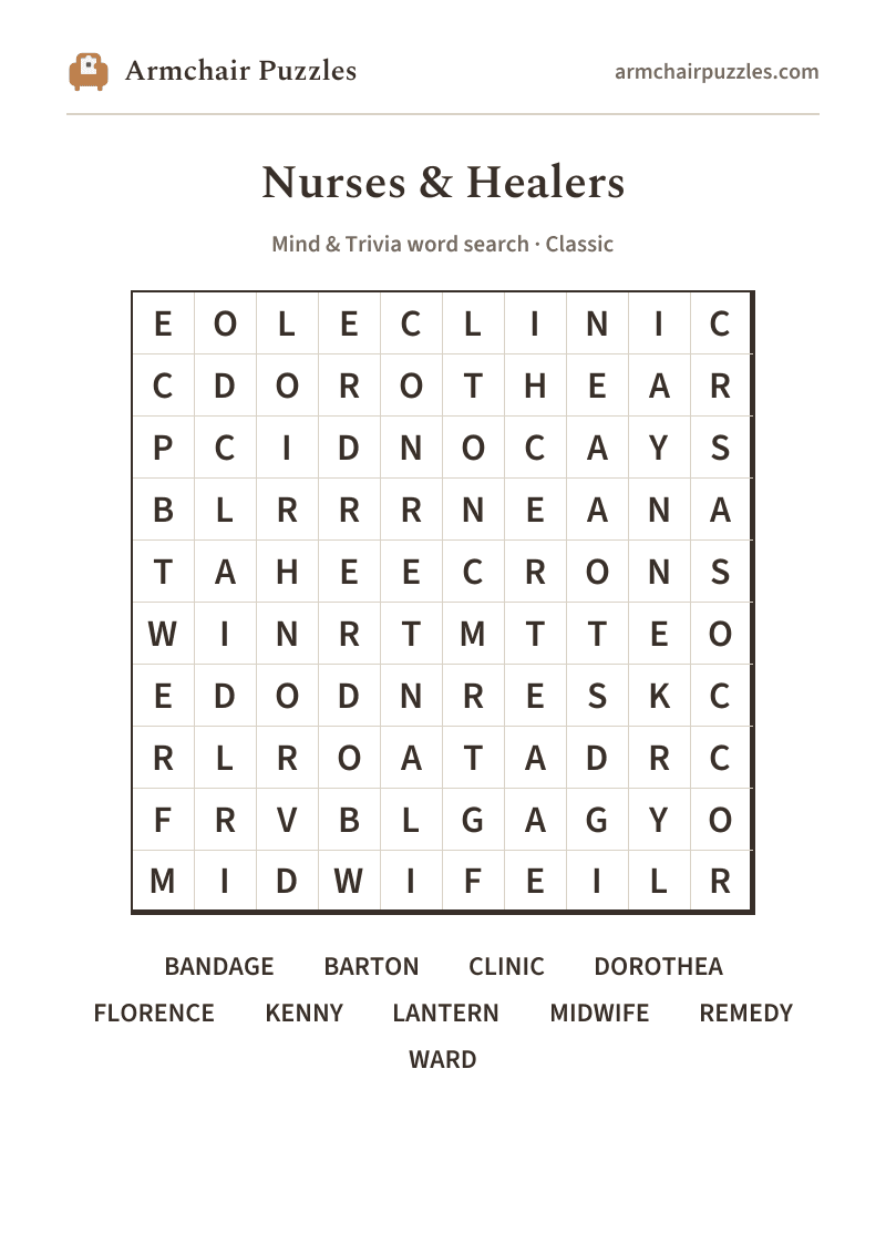 The printable Nurses & Healers word search sheet