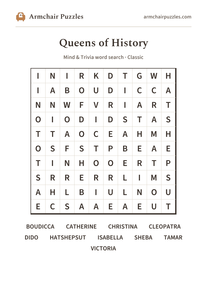The printable Queens of History word search sheet