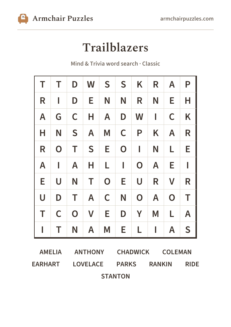 The printable Trailblazers word search sheet: large-print Classic grid with its word list