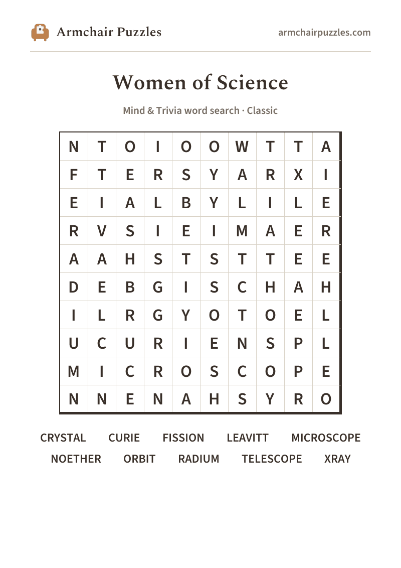 The printable Women of Science word search sheet