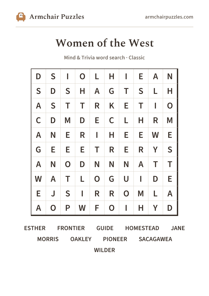 The printable Women of the West word search sheet: large-print Classic grid with its word list