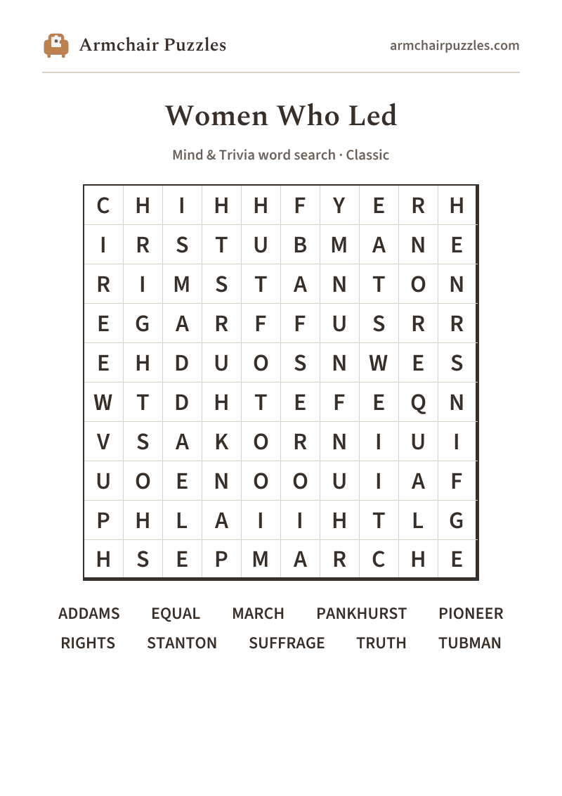 The printable Women Who Led word search sheet