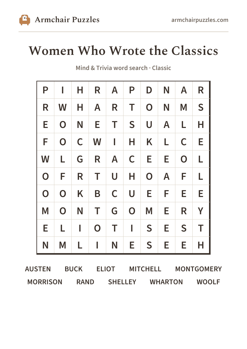 The printable Women Writers word search sheet