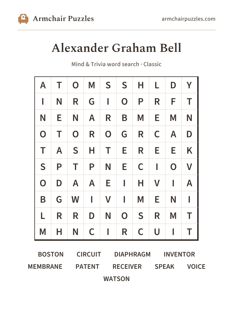 The printable Alexander Graham Bell word search sheet