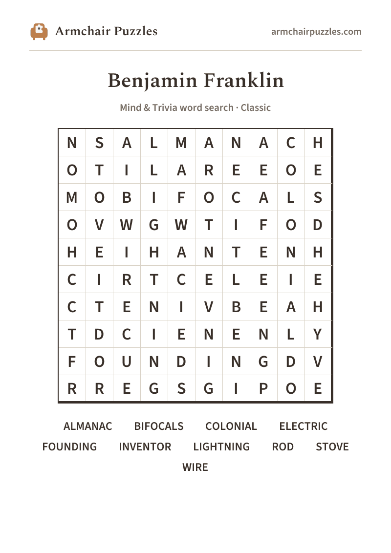 The printable Benjamin Franklin word search sheet