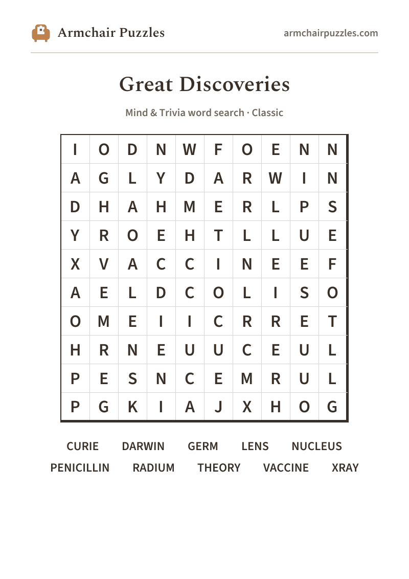 The printable Great Discoveries word search sheet