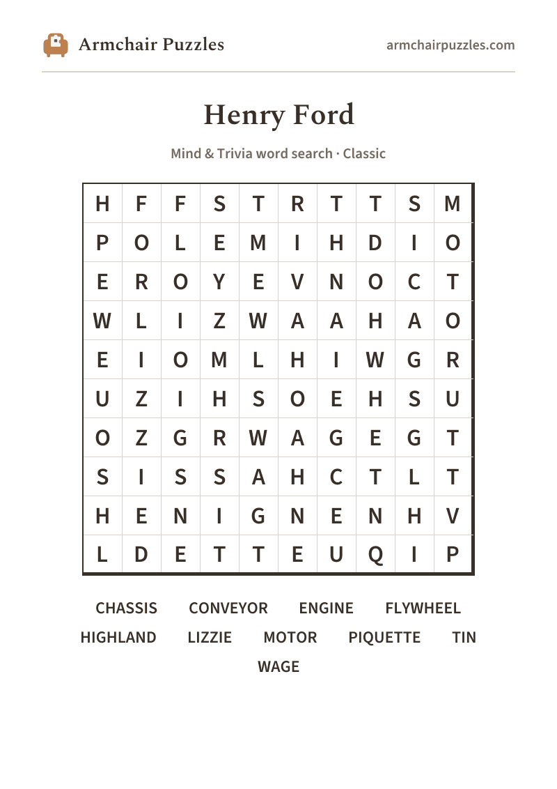 The printable Henry Ford word search sheet