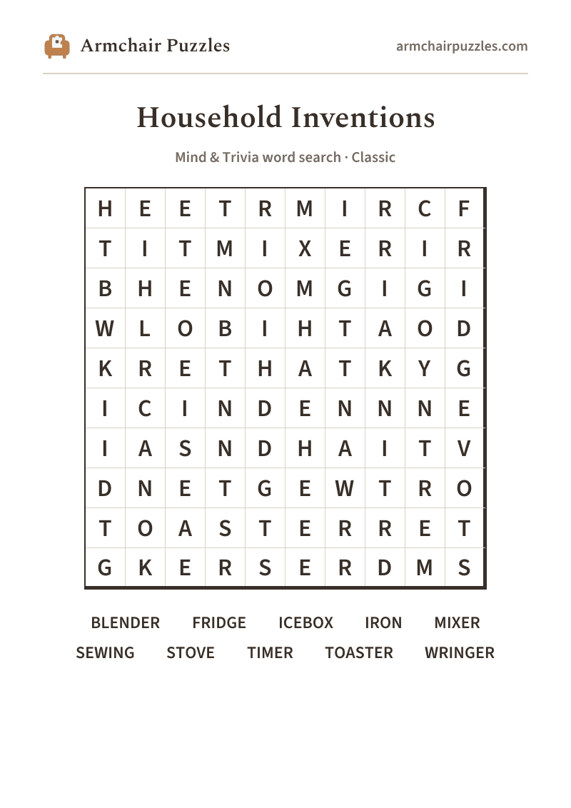 The printable Household Inventions word search sheet