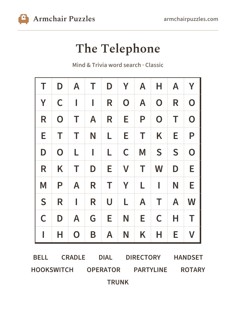 The printable The Telephone word search sheet