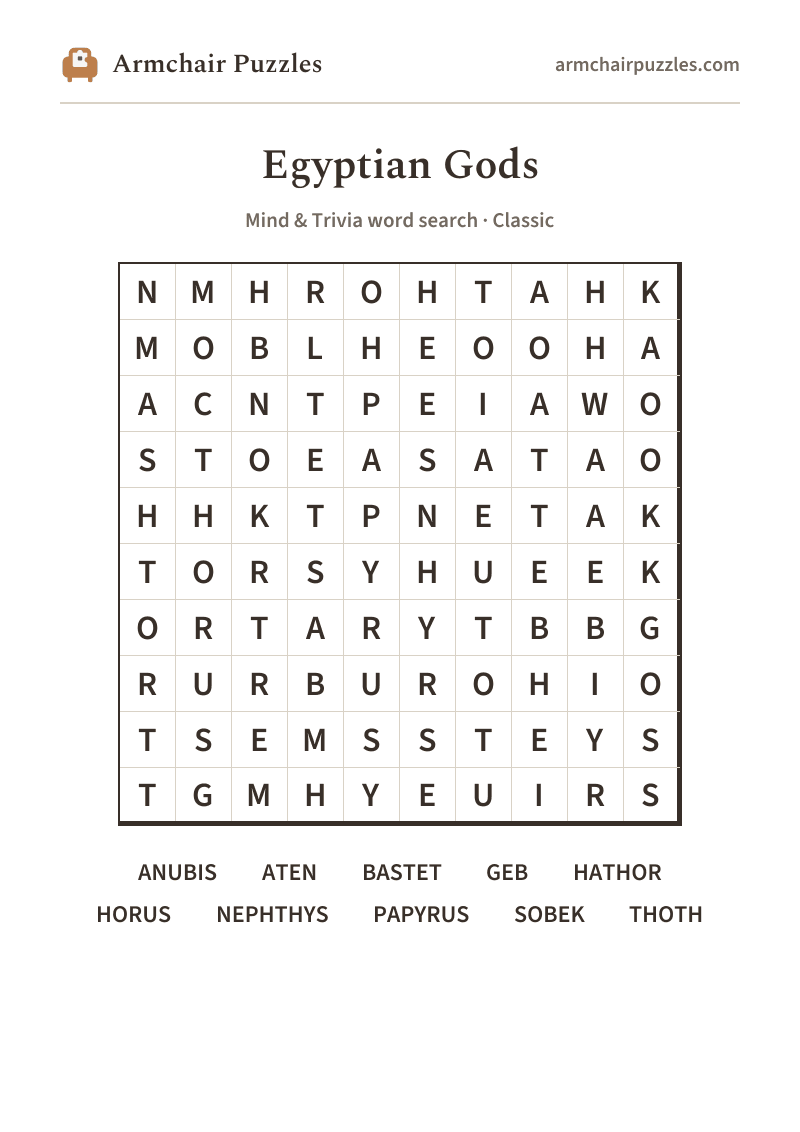 The printable Egyptian Gods word search sheet