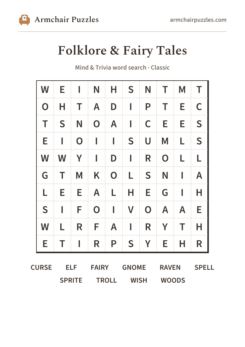 The printable Folklore & Fairy Tales word search sheet