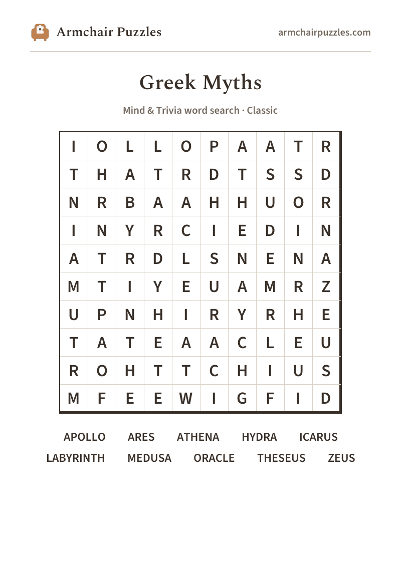 The printable Greek Myths word search sheet
