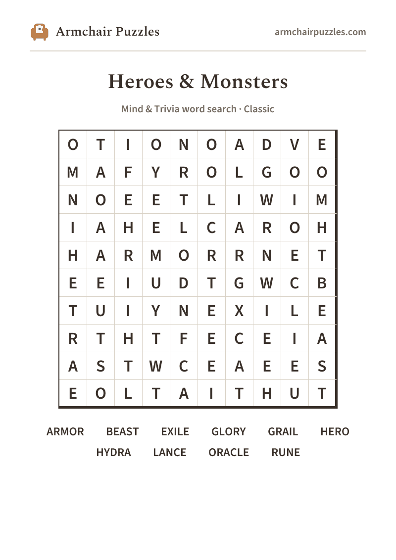 The printable Heroes & Monsters word search sheet