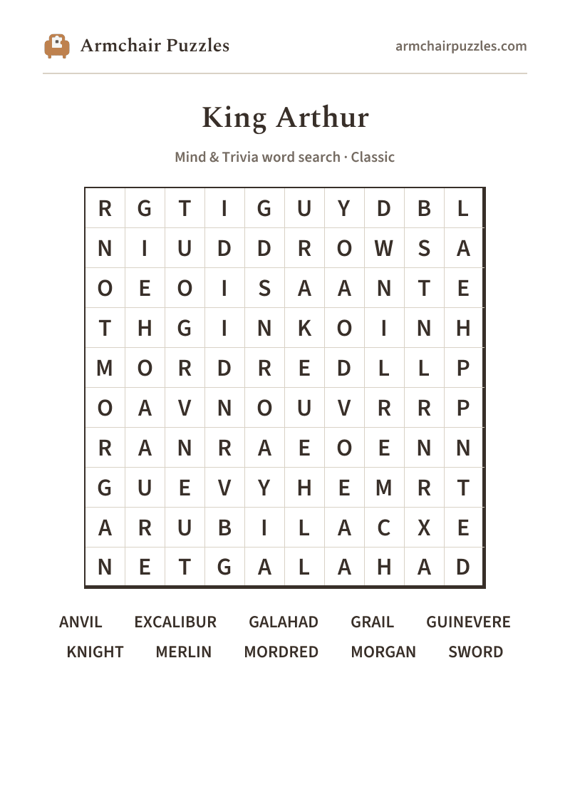 The printable King Arthur word search sheet: large-print Classic grid with its word list