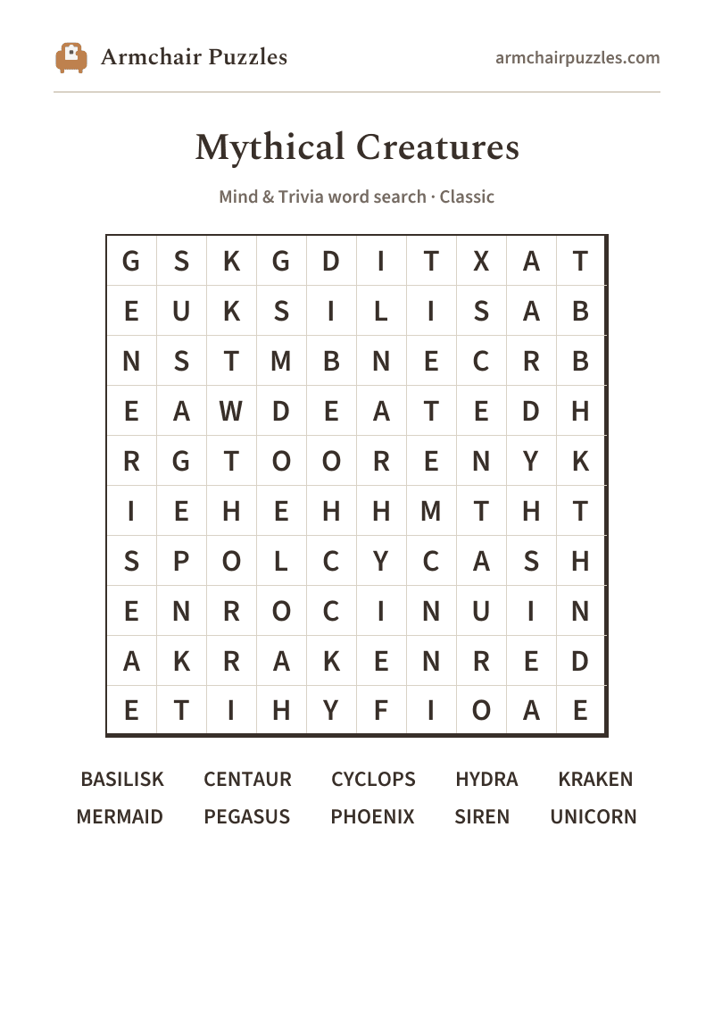 The printable Mythical Creatures word search sheet: large-print Classic grid with its word list