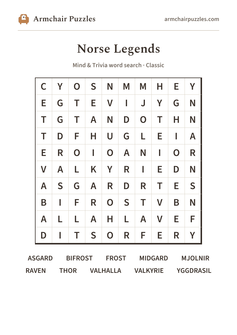 The printable Norse Legends word search sheet