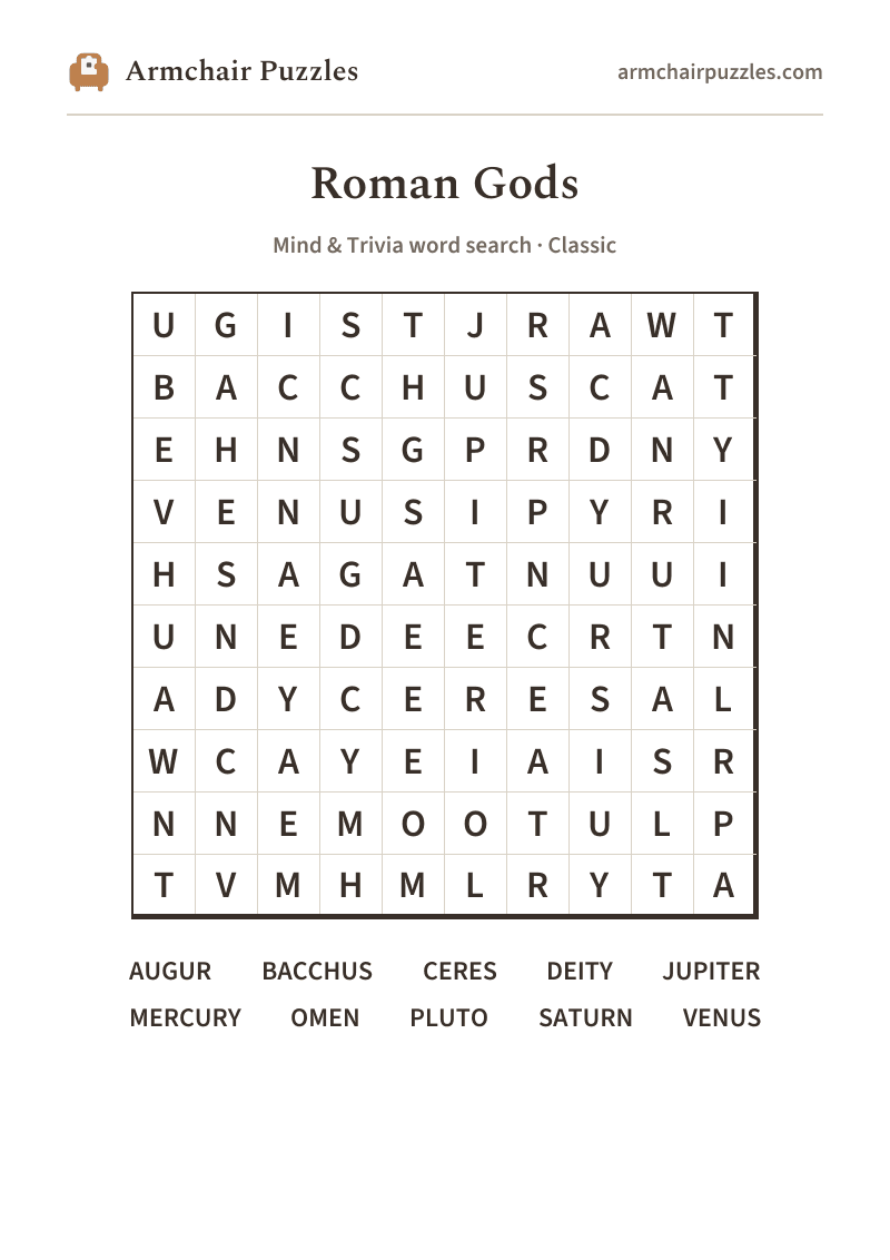 The printable Roman Gods word search sheet