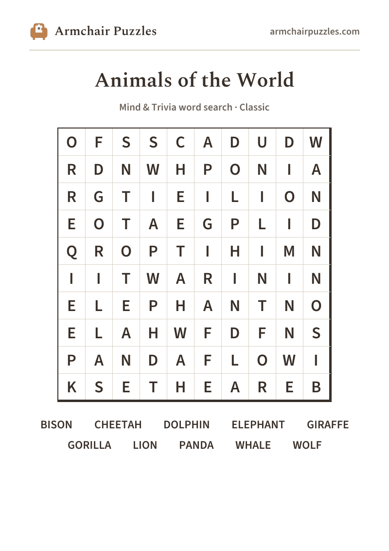 The printable Animals of the World word search sheet