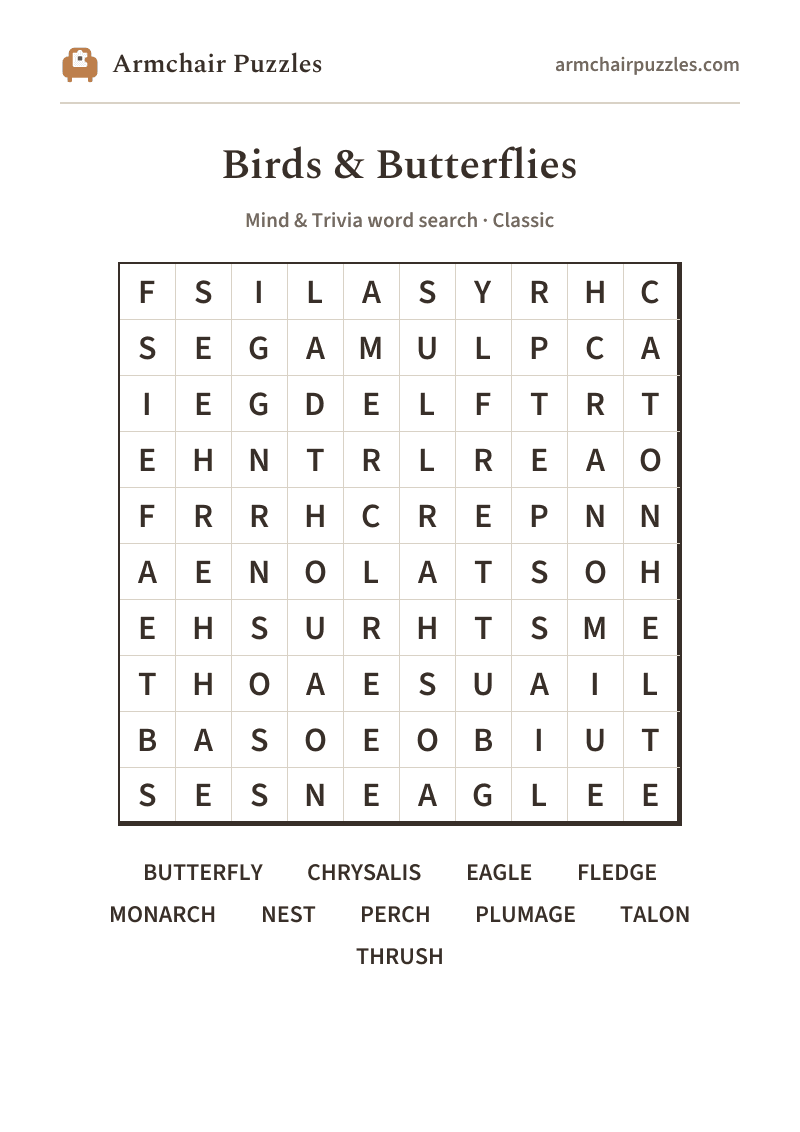 The printable Birds & Butterflies word search sheet