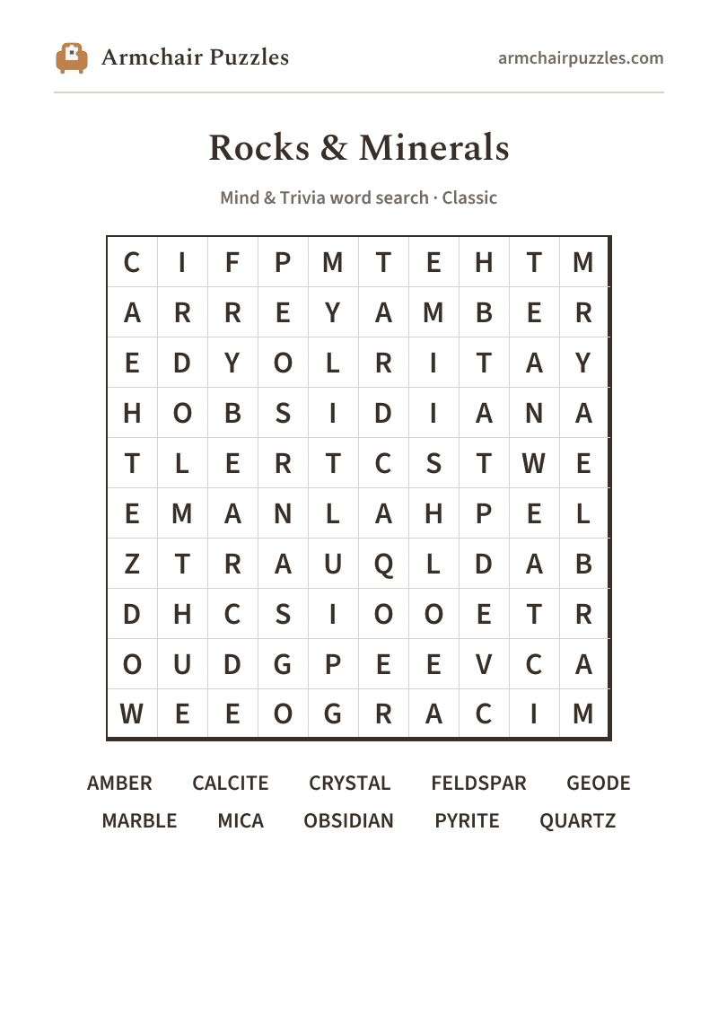 The printable Rocks & Minerals word search sheet