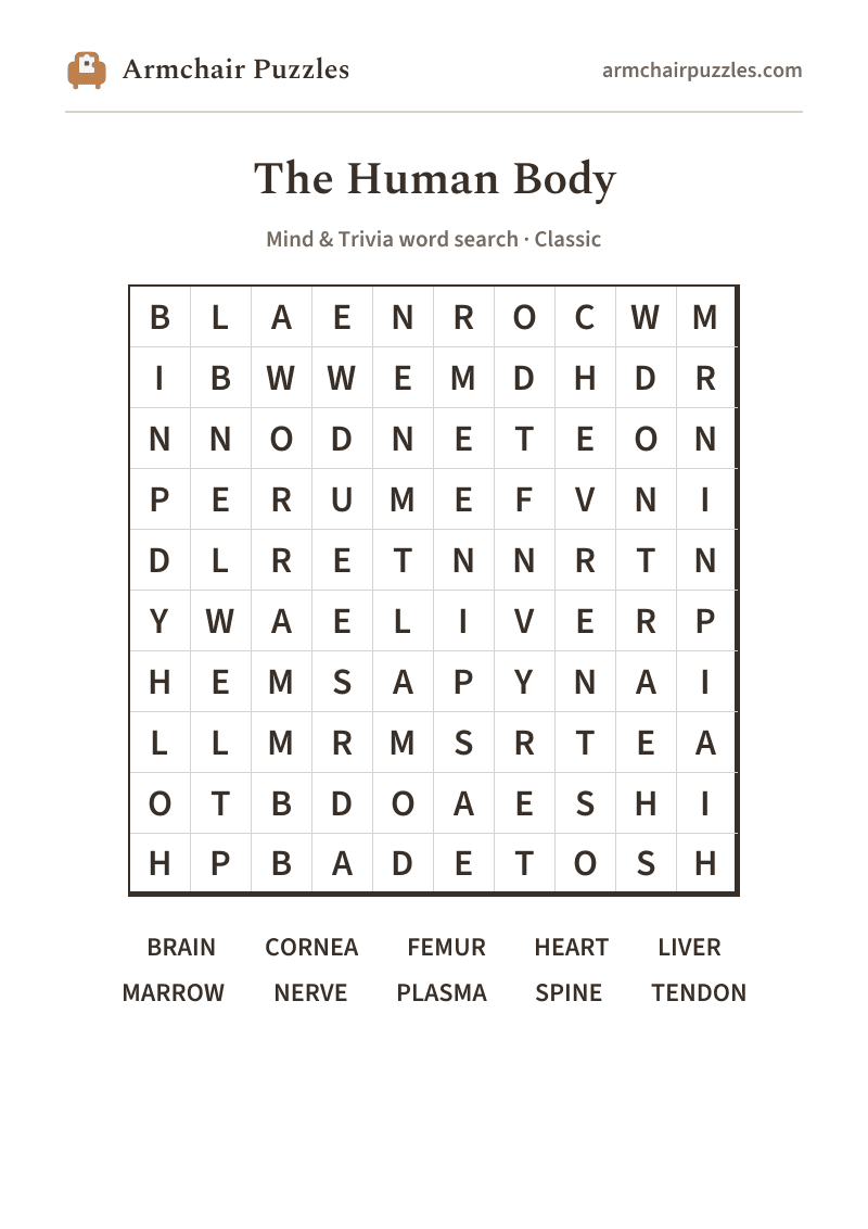 The printable The Human Body word search sheet