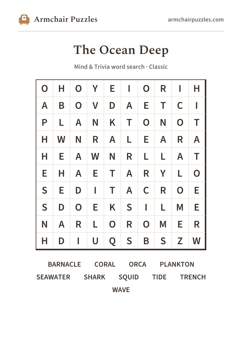The printable The Ocean Deep word search sheet